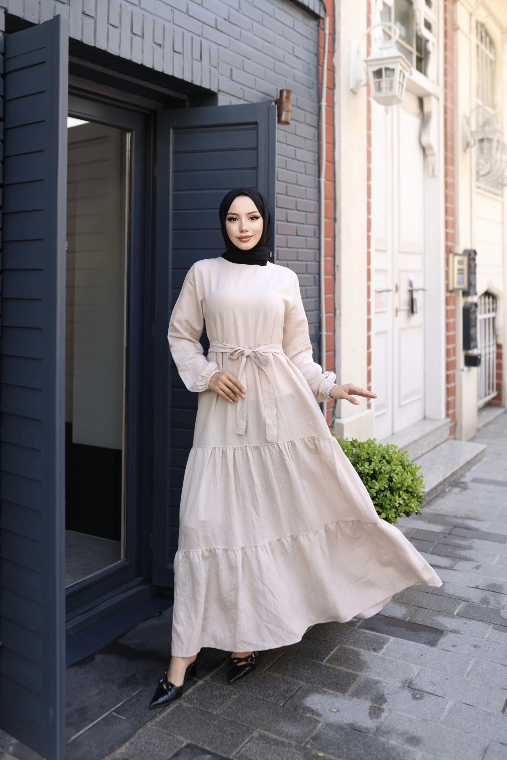 Eteği Fırfırlı Keten Kumaş Elbise - Ekru