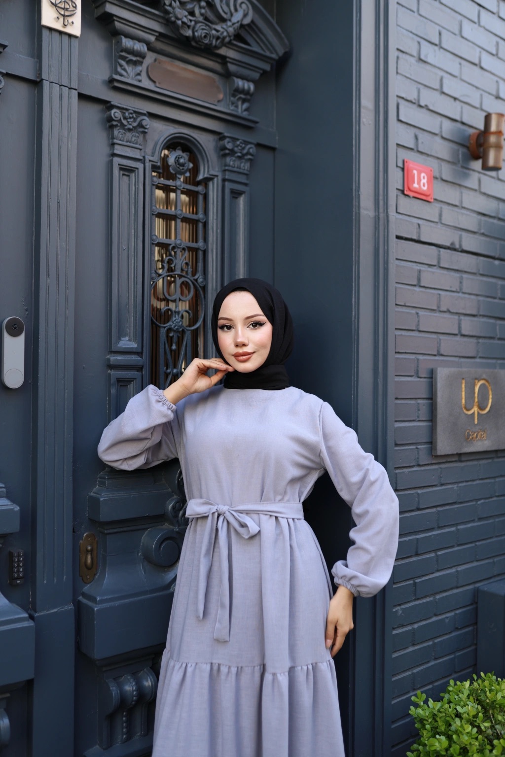 Eteği Fırfırlı Keten Kumaş Elbise - Gri