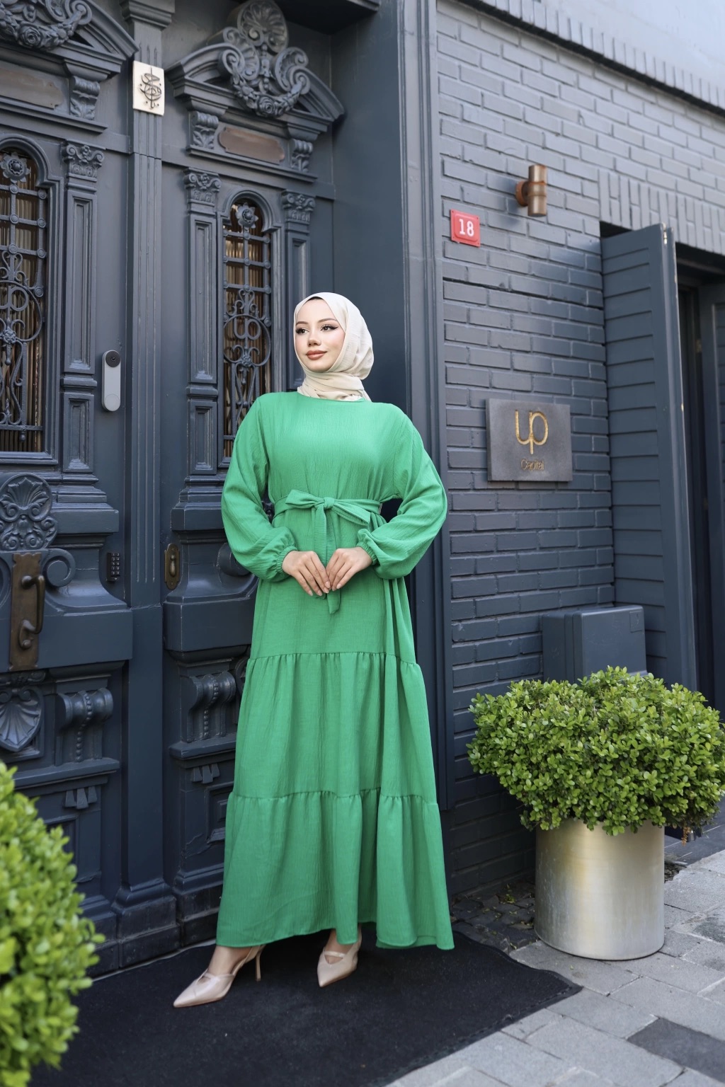 Eteği Fırfırlı Keten Kumaş Elbise - Yeşil