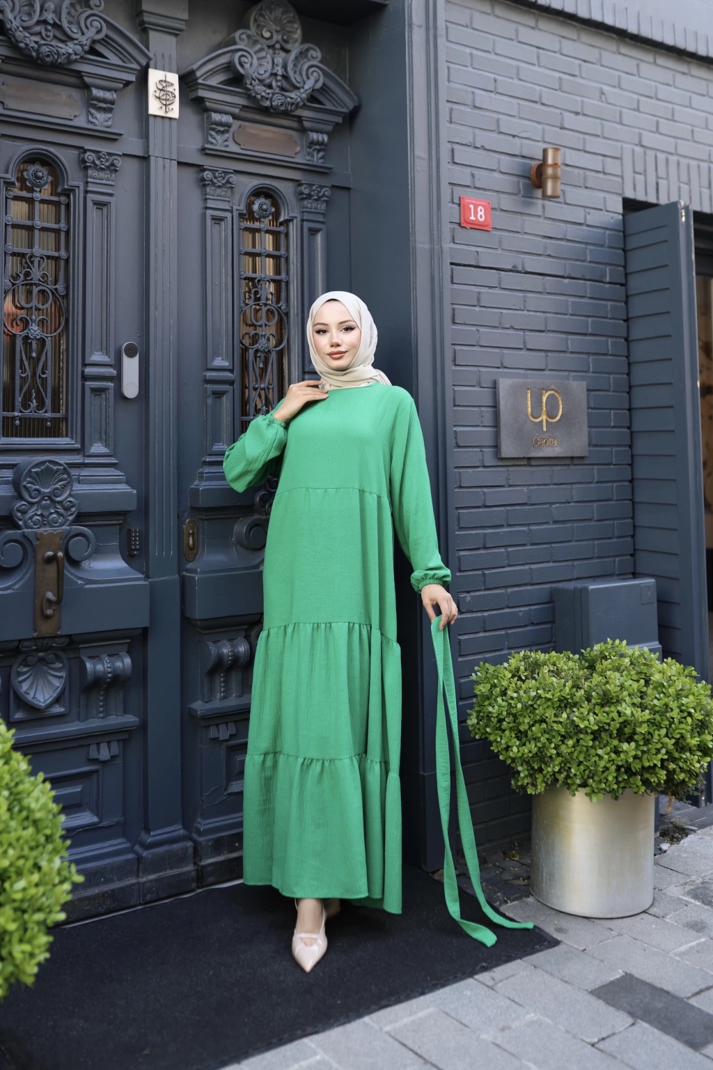 Eteği Fırfırlı Keten Kumaş Elbise - Yeşil