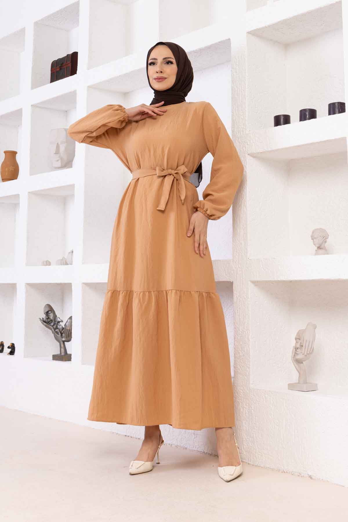 Eteği Fırfırlı Krep Kumaş Elbise - Taba