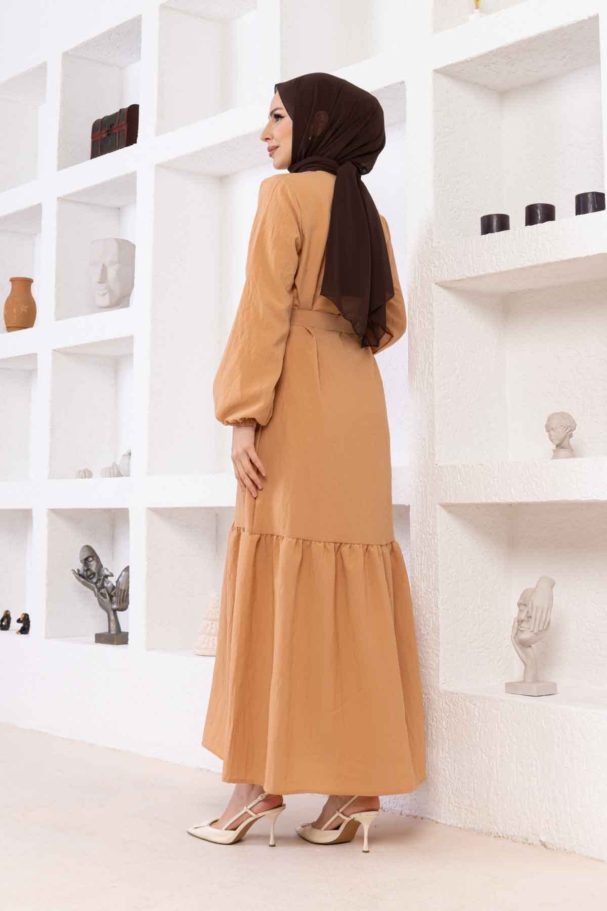 Eteği Fırfırlı Krep Kumaş Elbise - Taba