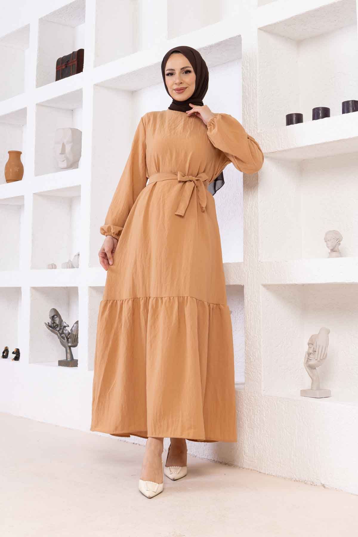 Eteği Fırfırlı Krep Kumaş Elbise - Taba
