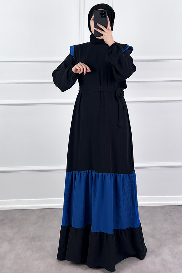 Eteği Renkli Elbise - Mavi