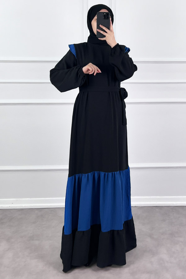Eteği Renkli Elbise - Mavi