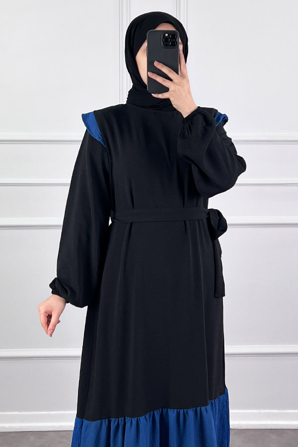 Eteği Renkli Elbise - Mavi