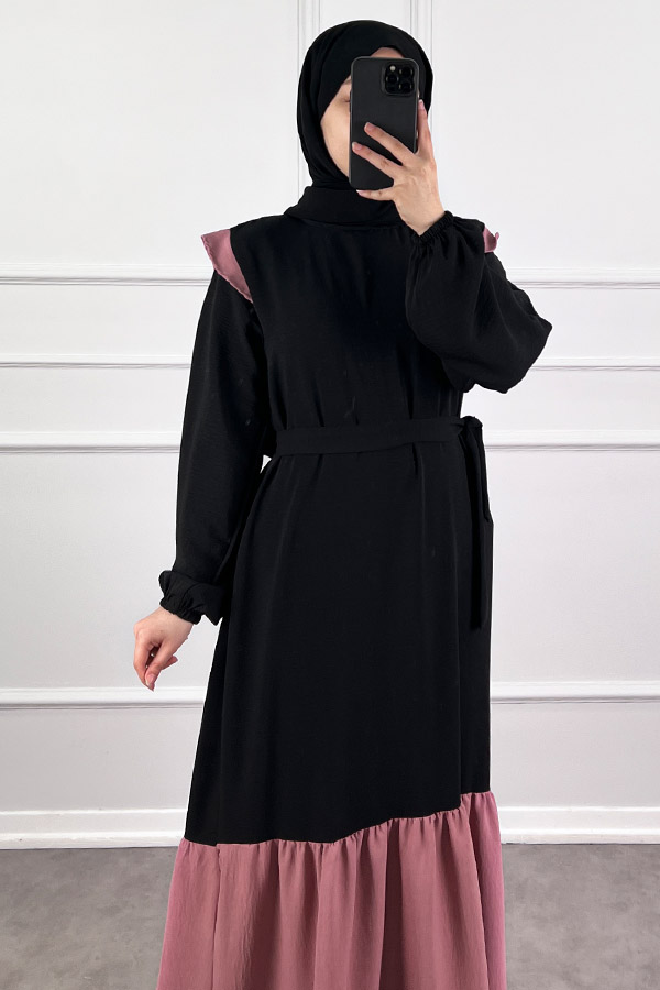 Eteği Renkli Elbise - Pudra