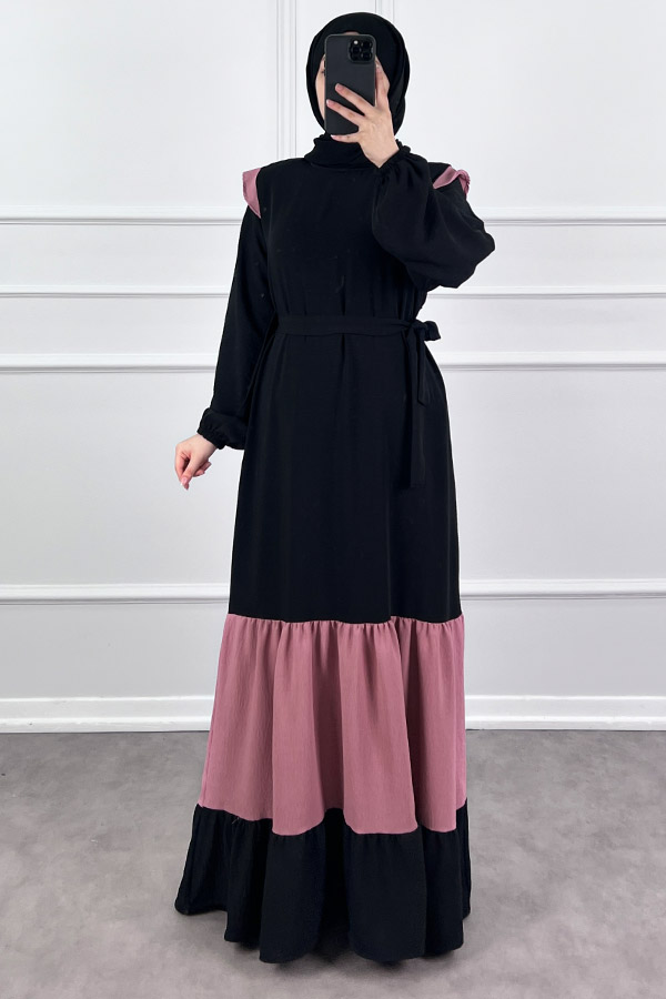 Eteği Renkli Elbise - Pudra