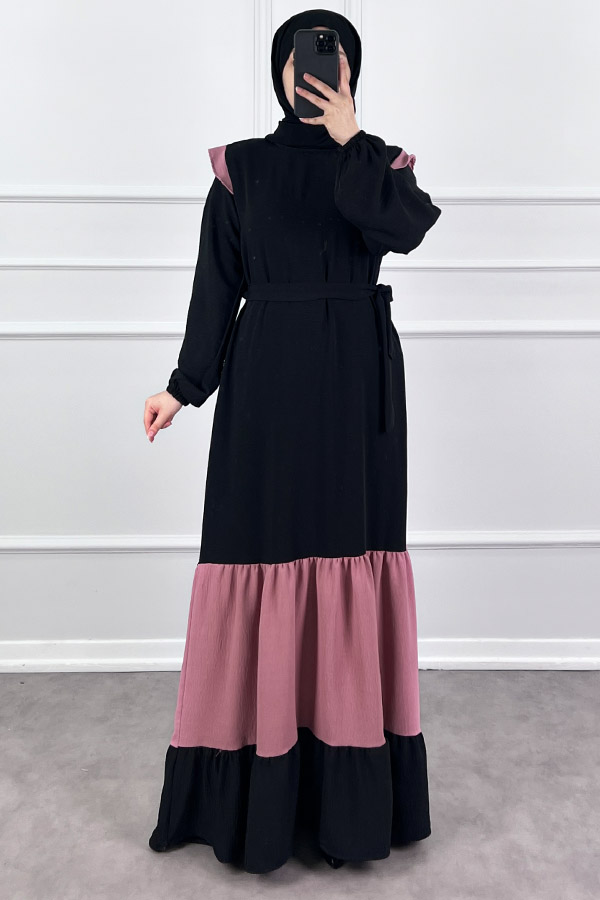 Eteği Renkli Elbise - Pudra