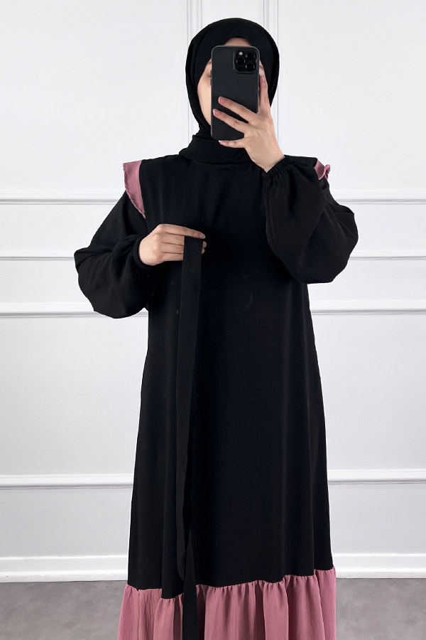 Eteği Renkli Elbise - Pudra