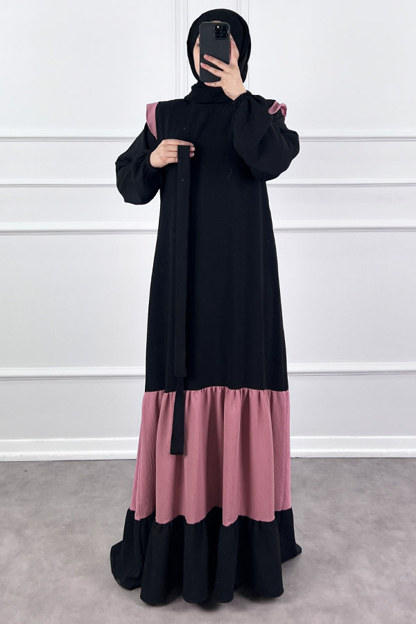 Eteği Renkli Elbise - Pudra