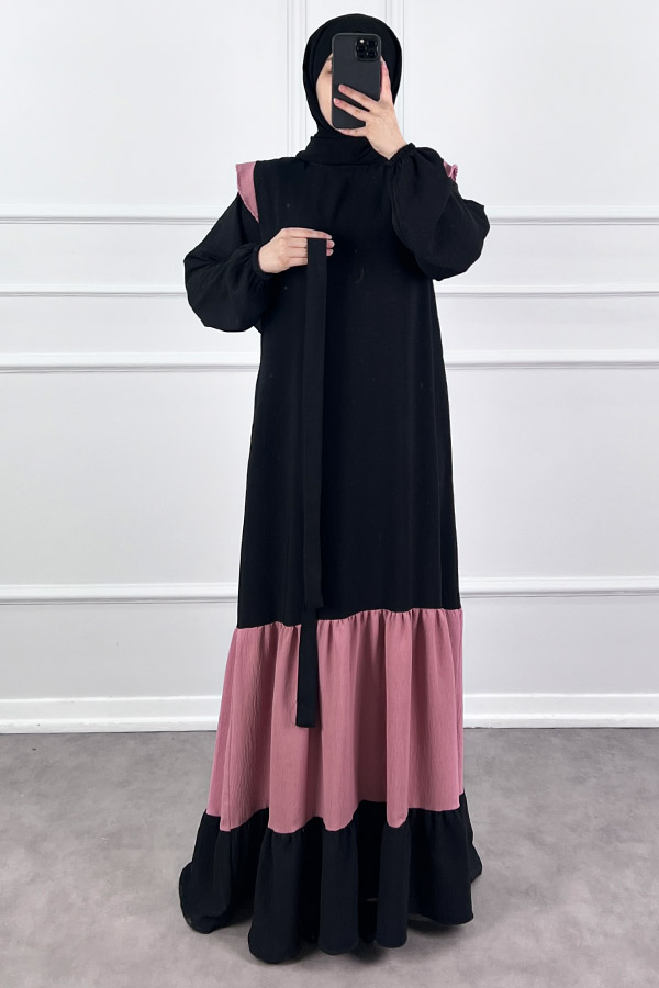 Eteği Renkli Elbise - Pudra