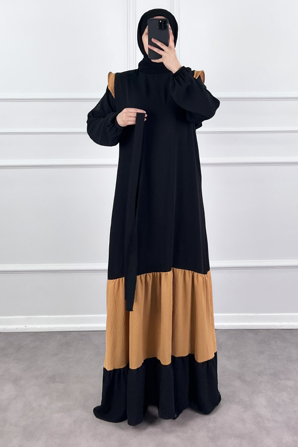 Eteği Renkli Elbise - Vizon Eteği Renkli Elbise - Vizon