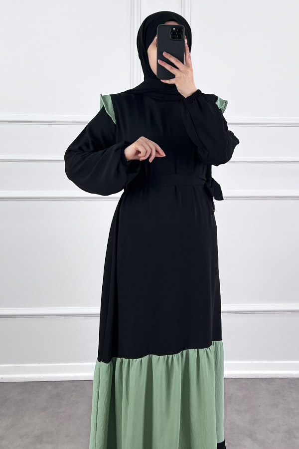 Eteği Renkli Elbise - Yeşil