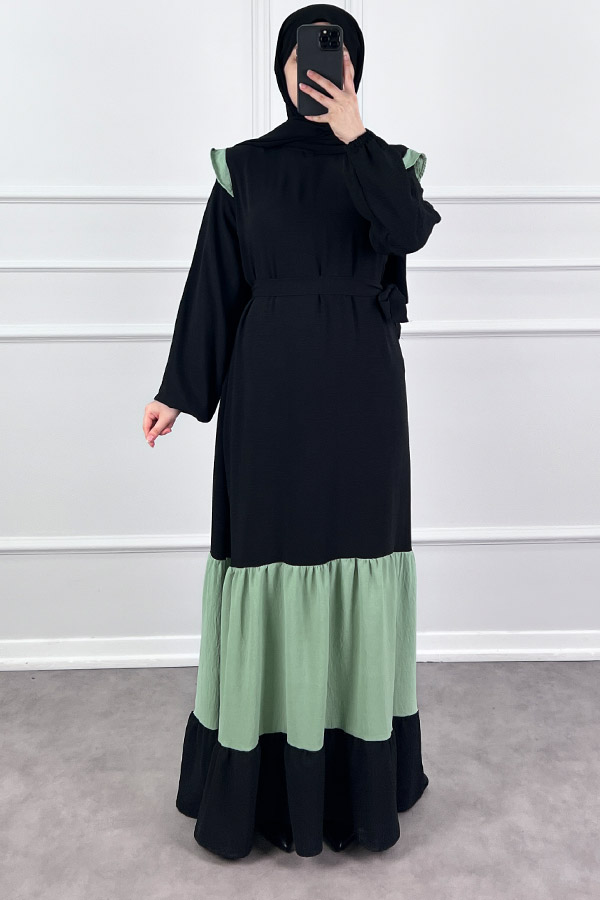 Eteği Renkli Elbise - Yeşil