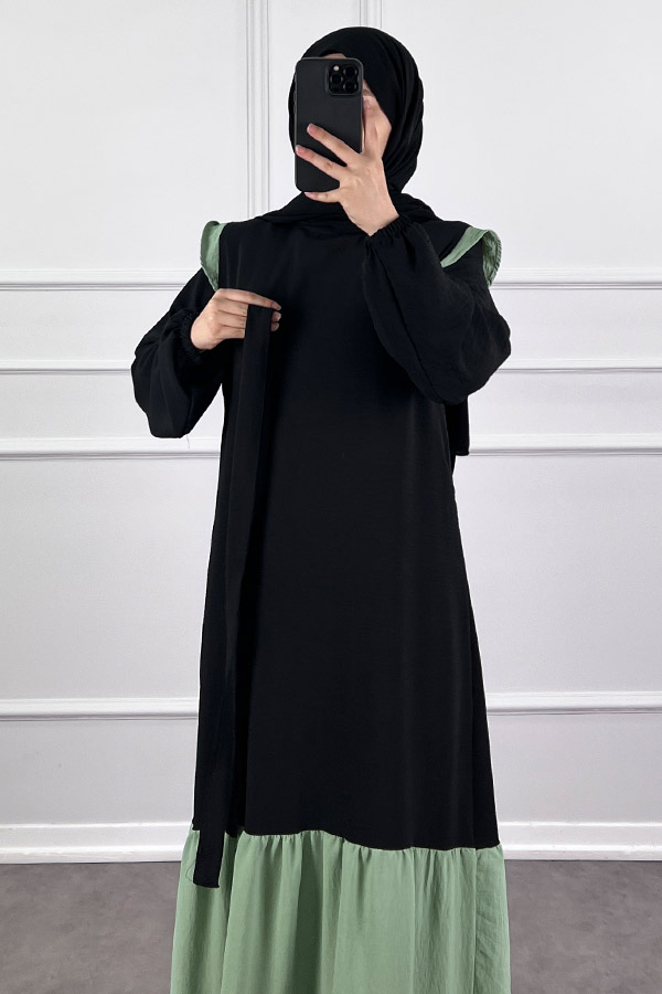 Eteği Renkli Elbise - Yeşil