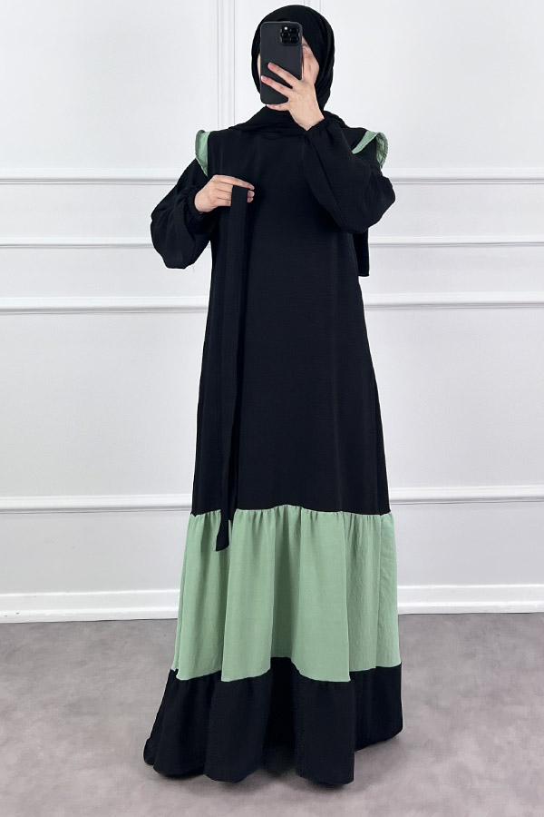 Eteği Renkli Elbise - Yeşil