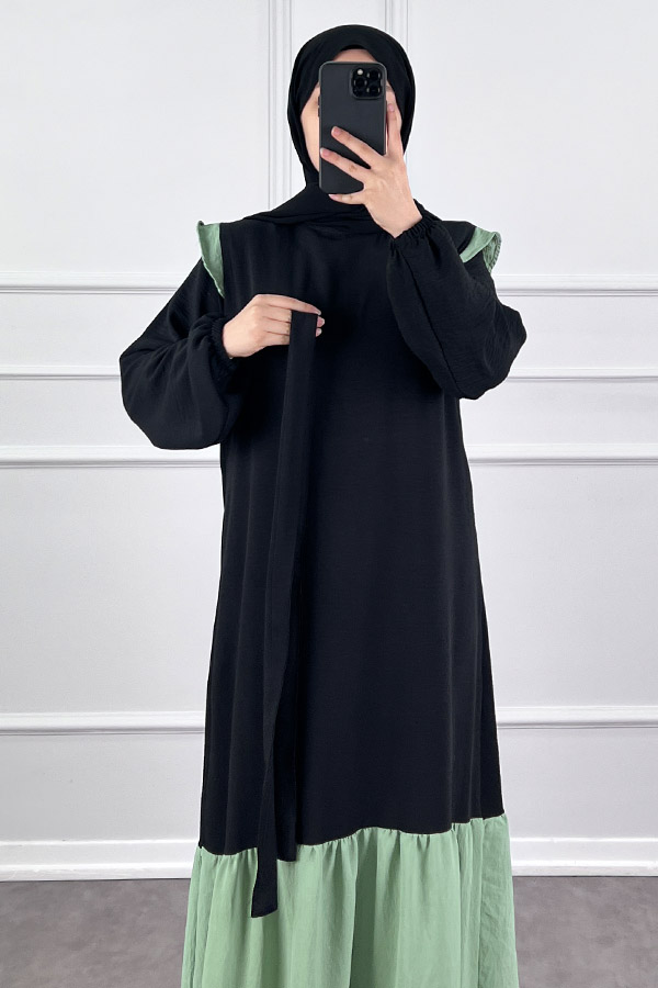 Eteği Renkli Elbise - Yeşil