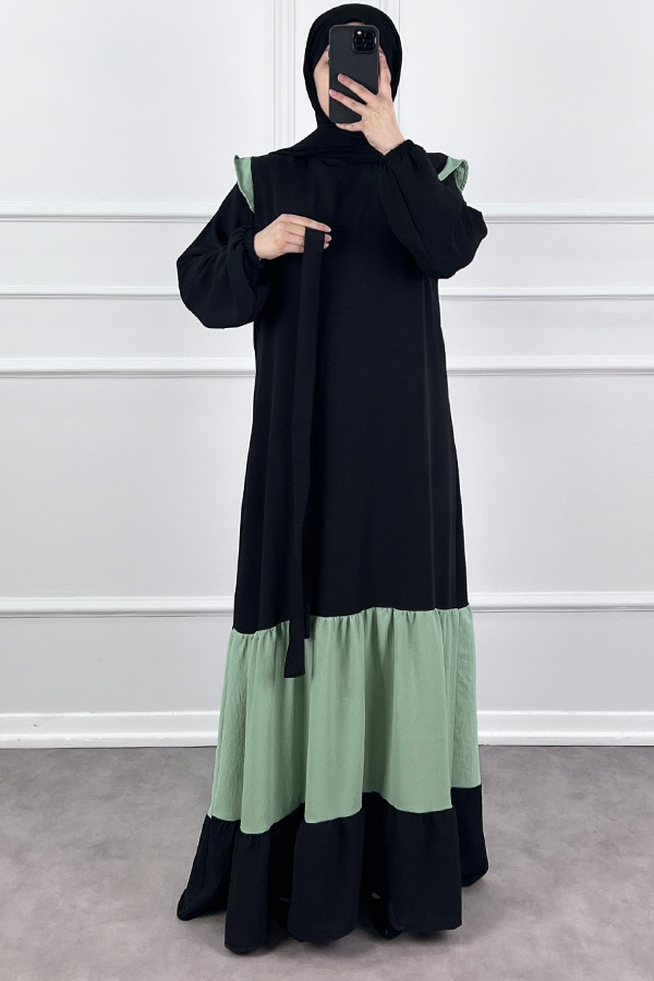 Eteği Renkli Elbise - Yeşil