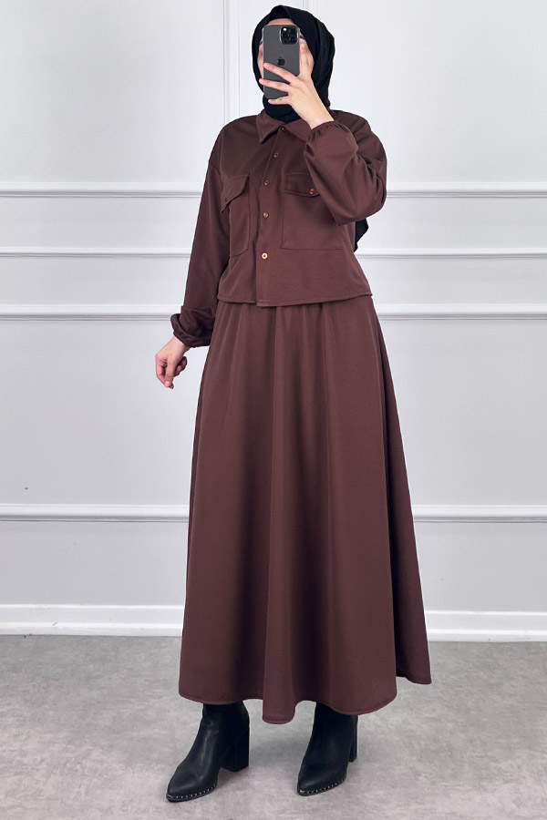 Etekli Gömlek Takım - Kahverengi Etekli Gömlek Takım - Kahverengi