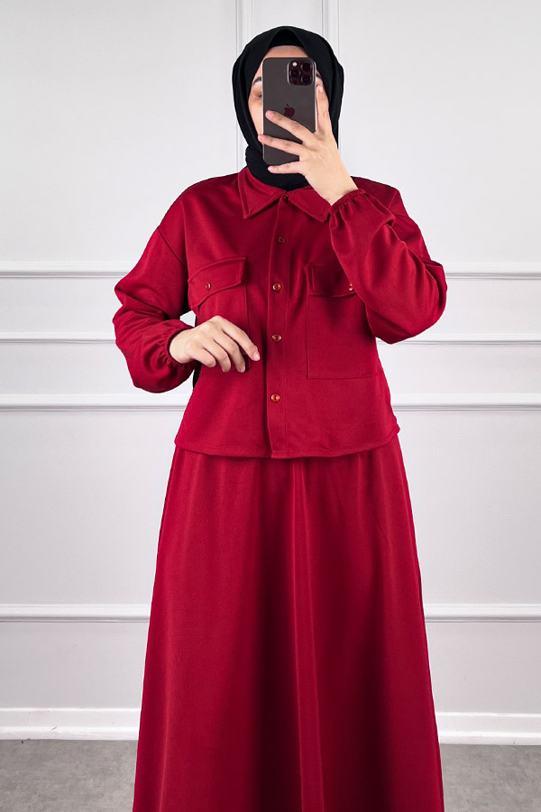 Etekli Gömlek Takım - Kırmızı