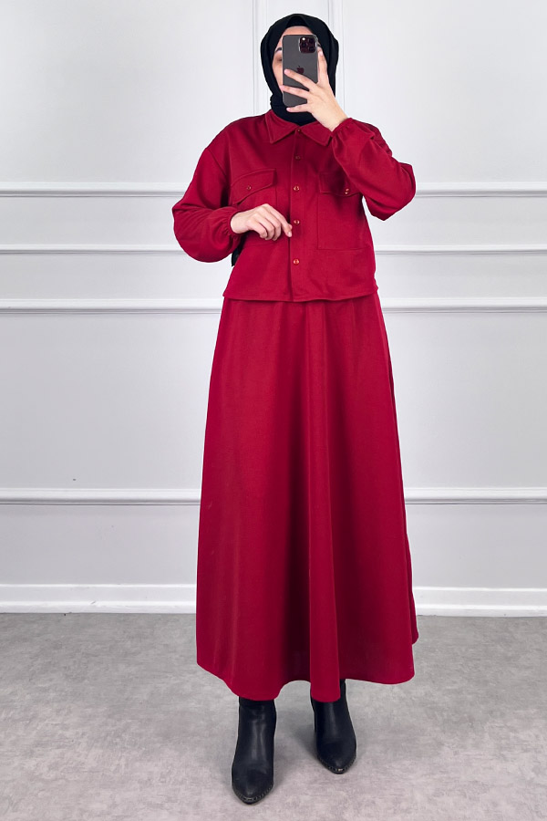 Etekli Gömlek Takım - Kırmızı