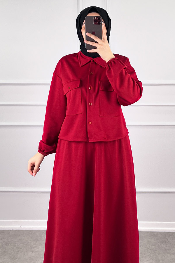 Etekli Gömlek Takım - Kırmızı