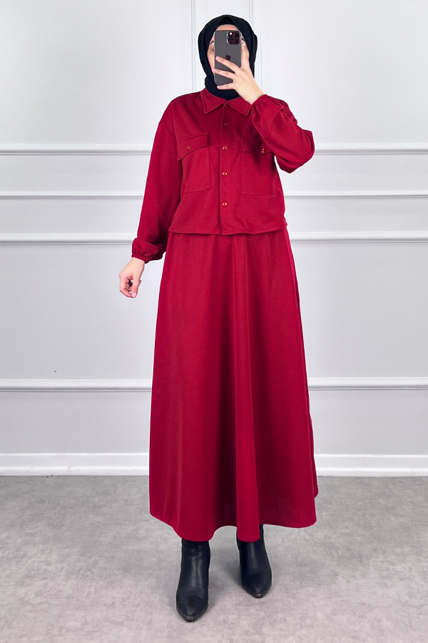 Etekli Gömlek Takım - Kırmızı