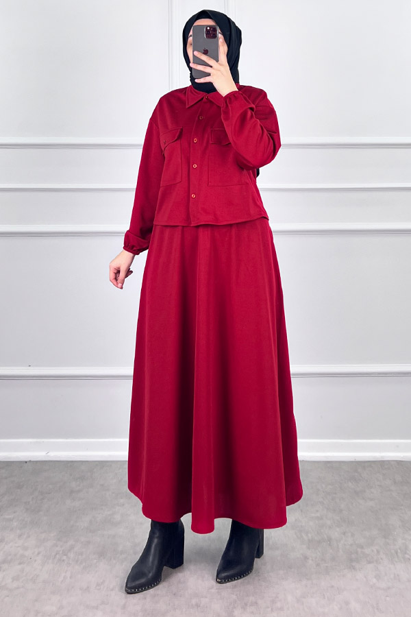 Etekli Gömlek Takım - Kırmızı