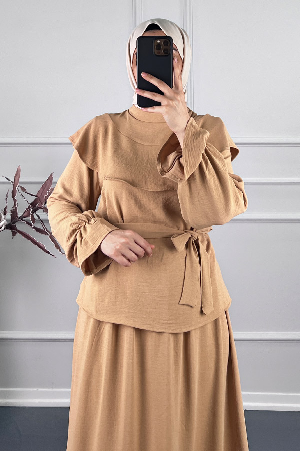 Etekli Tesettür Takım - Vizon