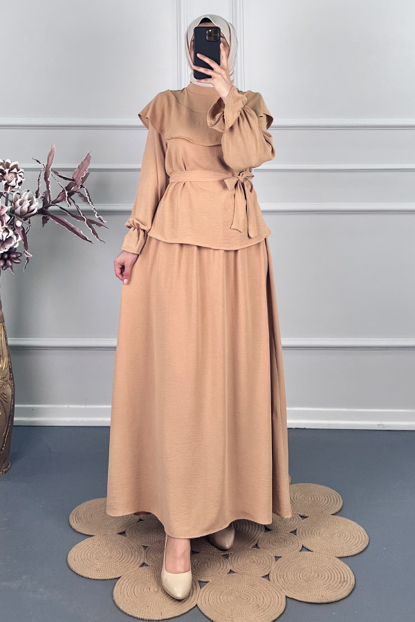 Etekli Tesettür Takım - Vizon