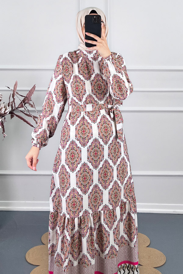 Etnik Desen Keten Elbise - Fuşya
