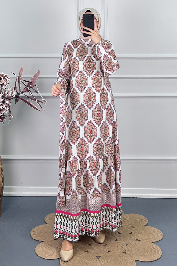 Etnik Desen Keten Elbise - Fuşya