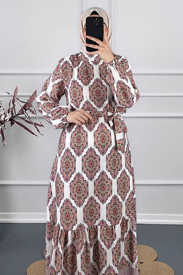 Etnik Desen Keten Elbise - Fuşya