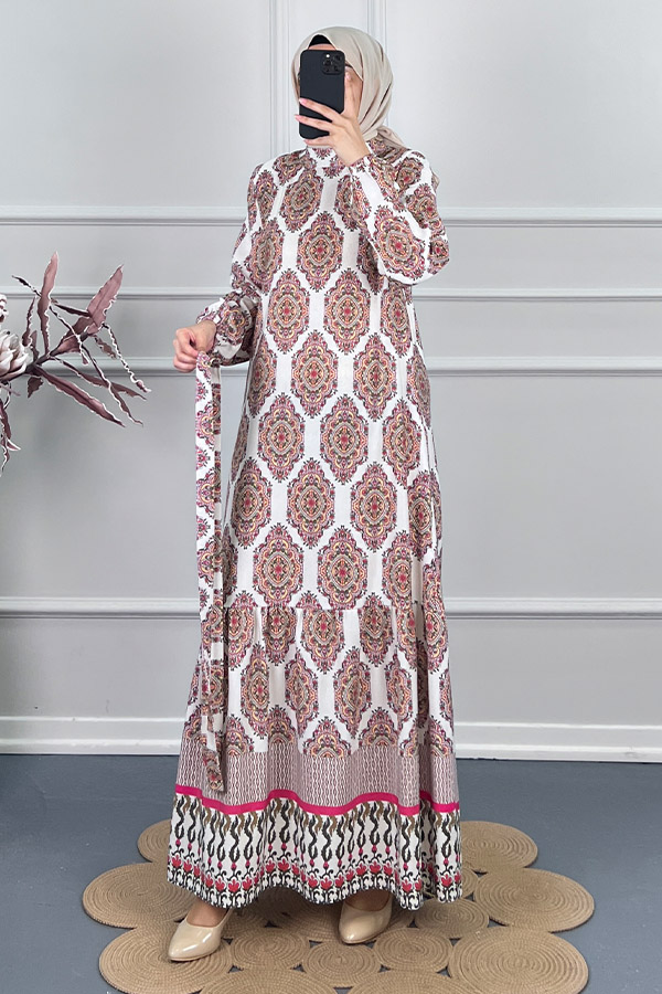 Etnik Desen Keten Elbise - Fuşya