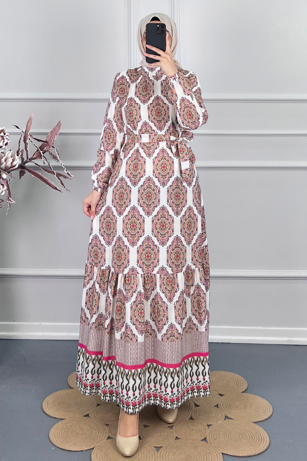 Etnik Desen Keten Elbise - Fuşya