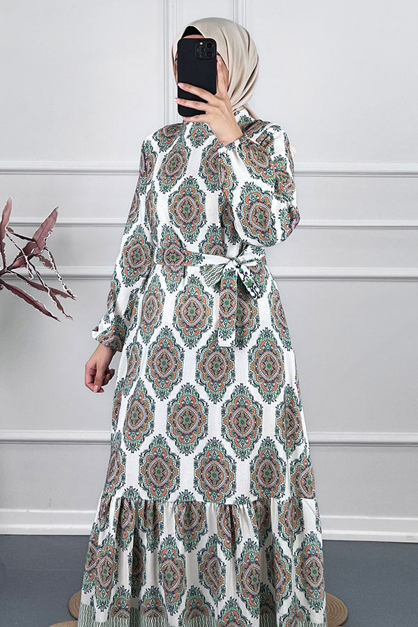Etnik Desen Keten Elbise - Yeşil