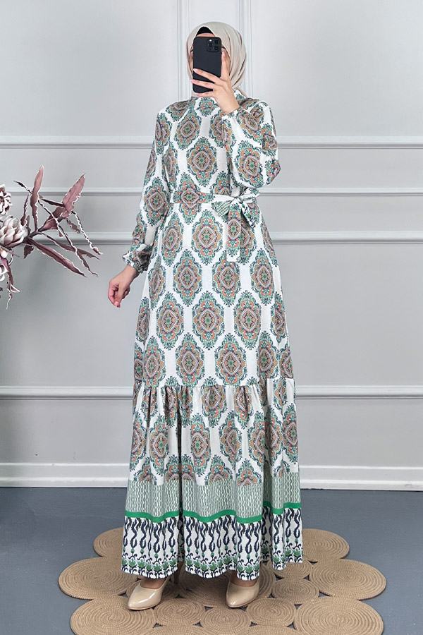 Etnik Desen Keten Elbise - Yeşil