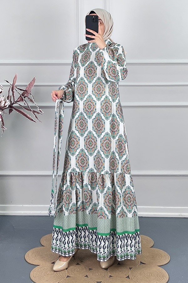 Etnik Desen Keten Elbise - Yeşil