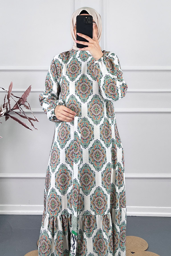 Etnik Desen Keten Elbise - Yeşil