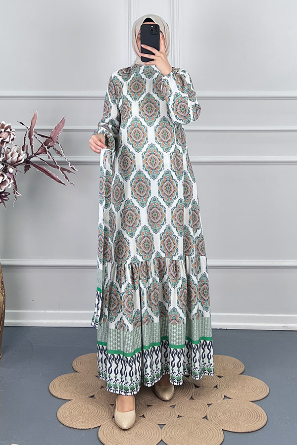 Etnik Desen Keten Elbise - Yeşil