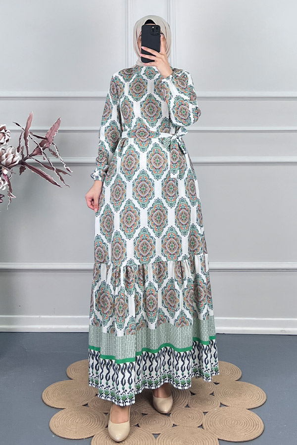 Etnik Desen Keten Elbise - Yeşil