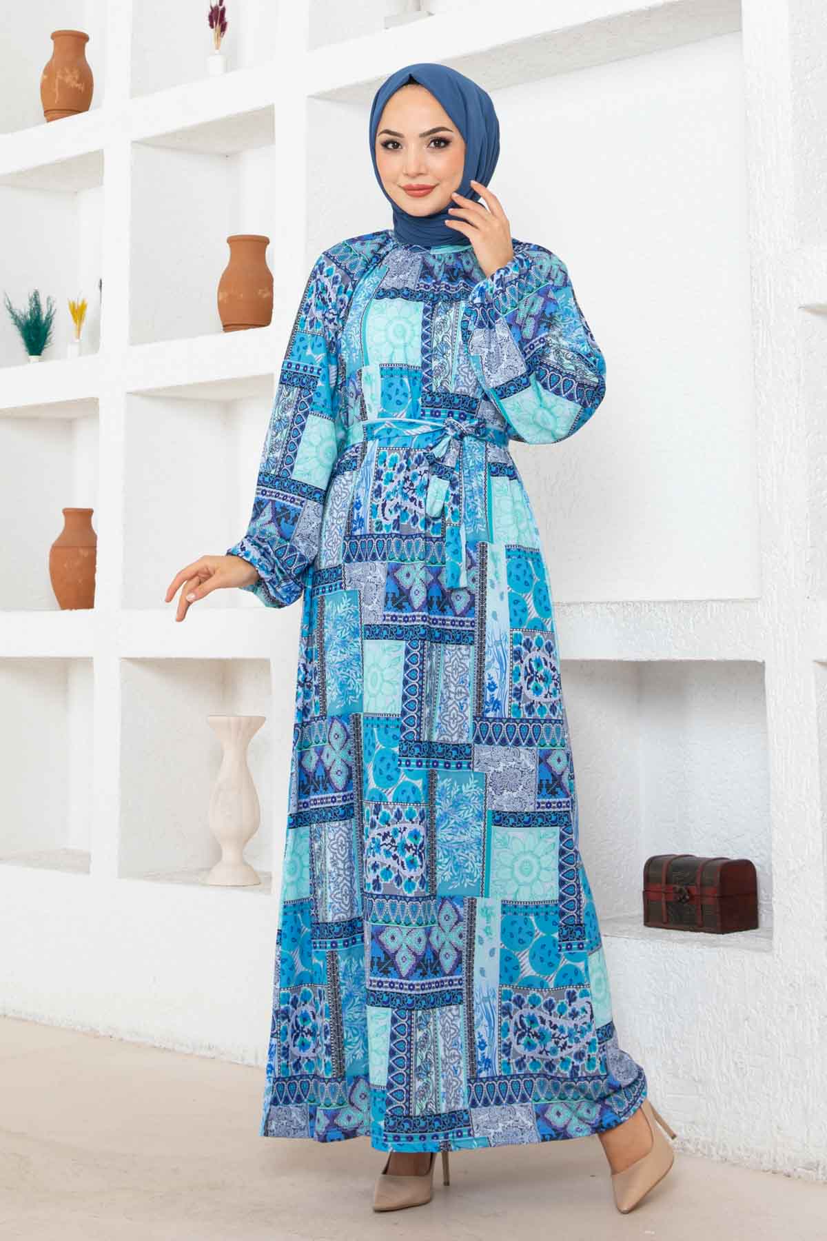 Etnik Desen Reglan Elbise - Mavi