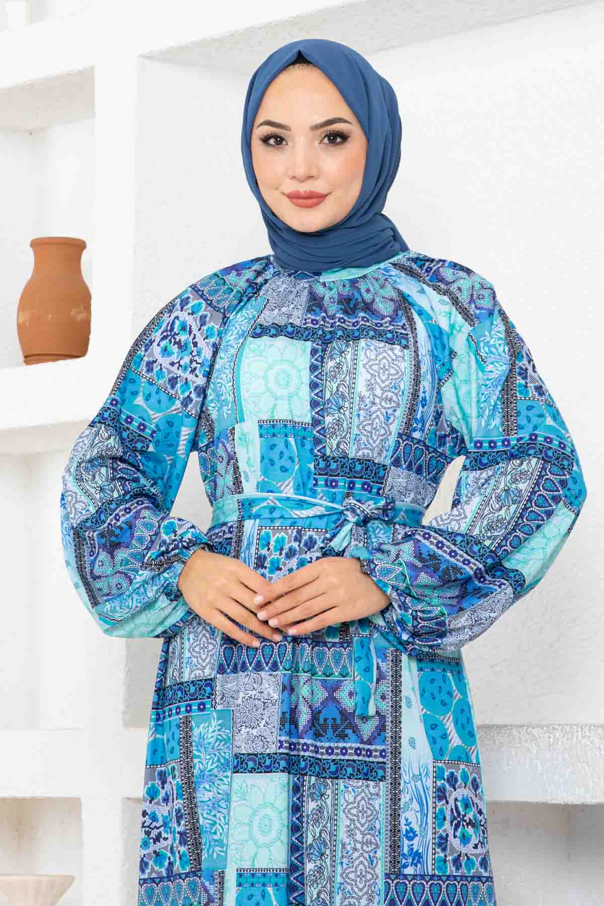 Etnik Desen Reglan Elbise - Mavi