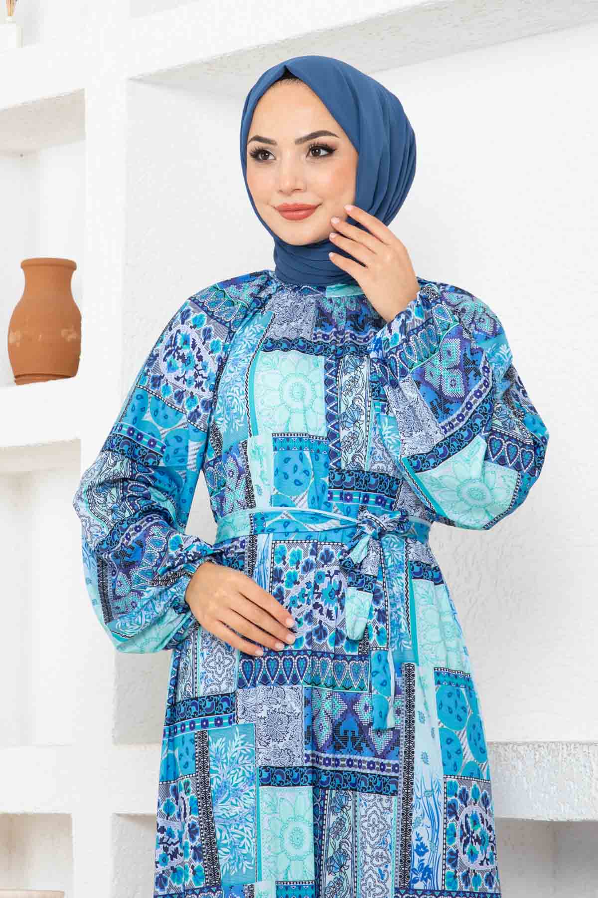 Etnik Desen Reglan Elbise - Mavi