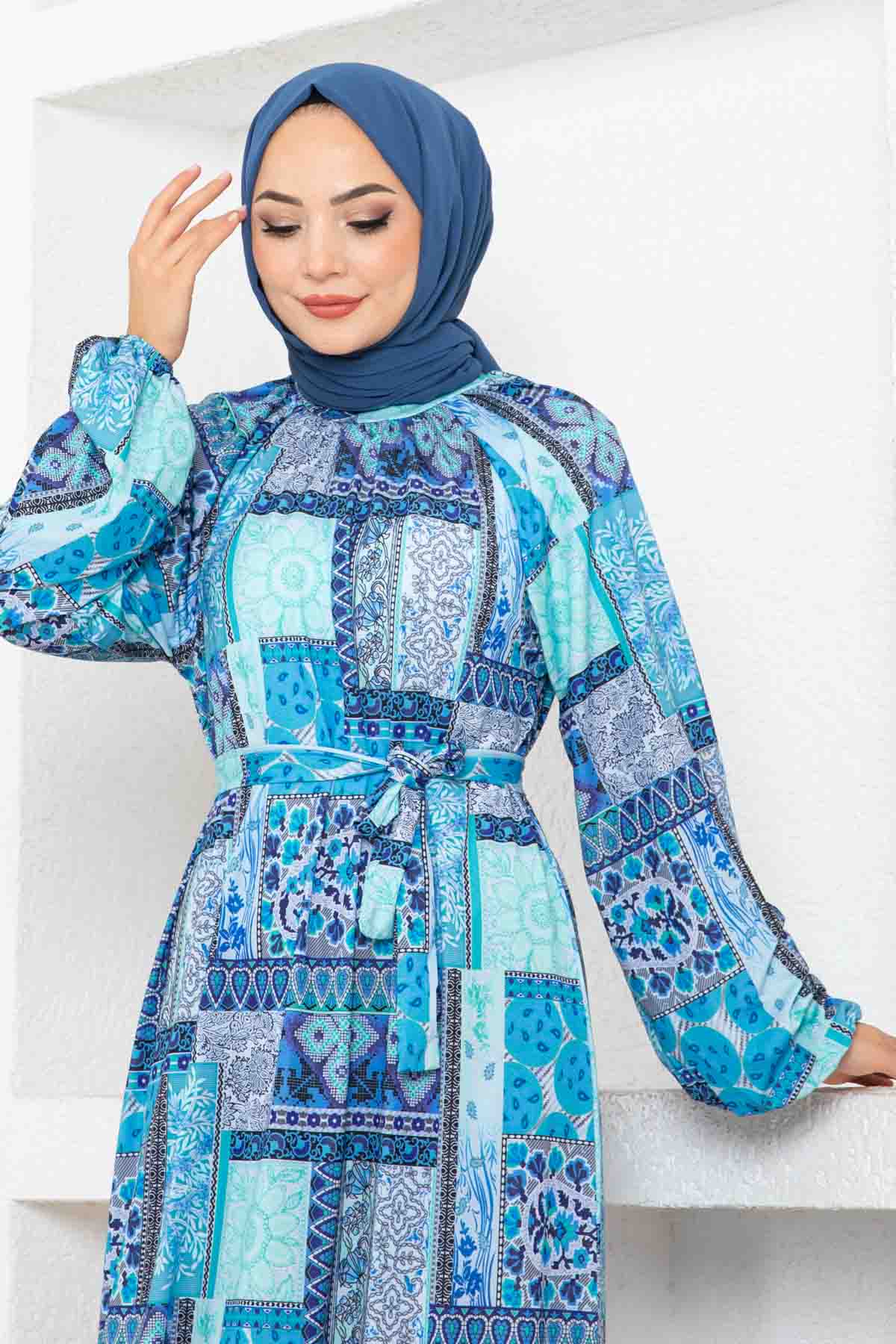 Etnik Desen Reglan Elbise - Mavi