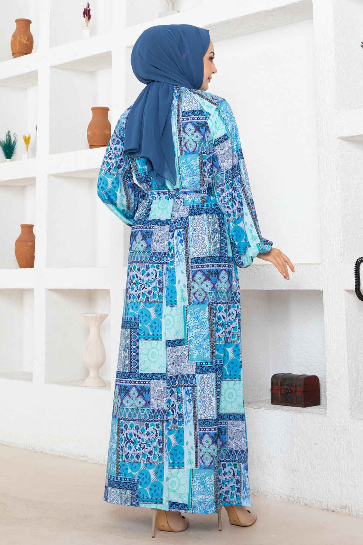 Etnik Desen Reglan Elbise - Mavi