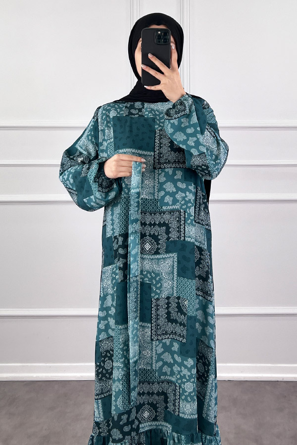 Etnik Desen Tesettür Elbise - Çam Yeşili