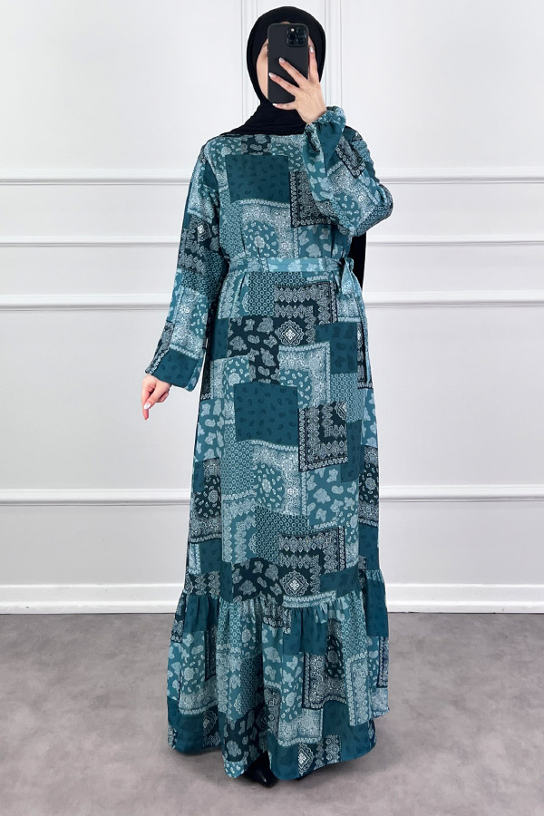 Etnik Desen Tesettür Elbise - Çam Yeşili
