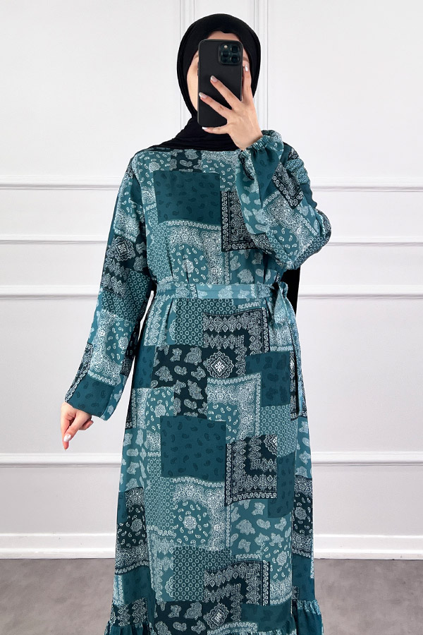 Etnik Desen Tesettür Elbise - Çam Yeşili